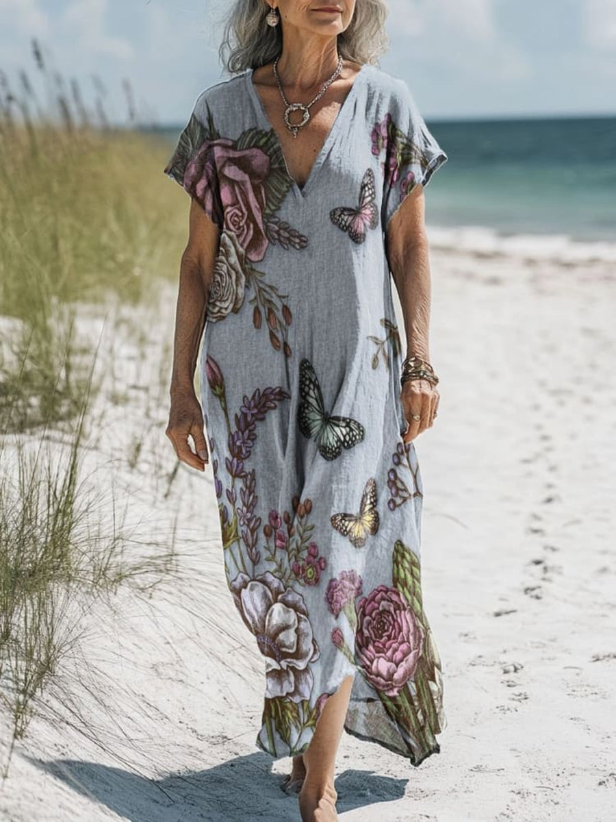 Retro Boho Floral Art Printed V-Neck Vintage Loose Long Sleeves Midi Dress