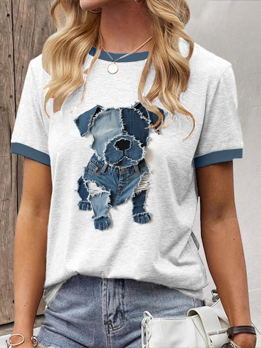 Women's Cute Dog Denim Patchwork Art T-shirt