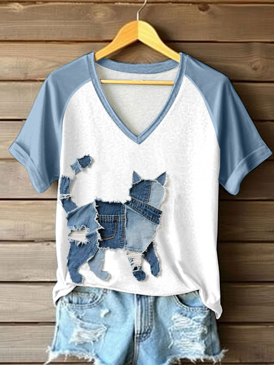 Women's Cute Cat Patchwork Art V-Neck T-Shirt