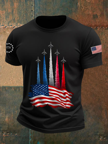 Men's Independence Day American Flag Jet Planes Print Casual Tee