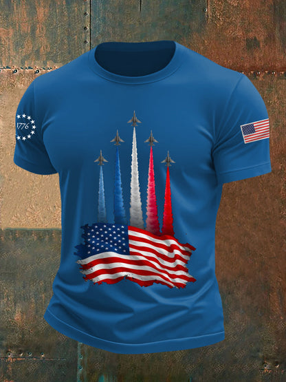 Men's Independence Day American Flag Jet Planes Print Casual Tee