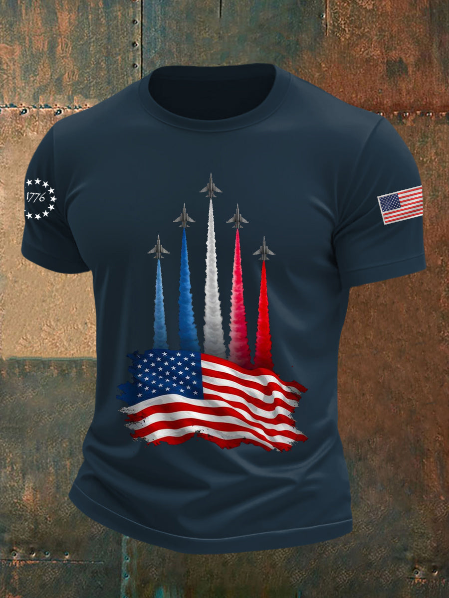 Men's Independence Day American Flag Jet Planes Print Casual Tee