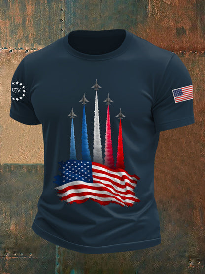 Men's Independence Day American Flag Jet Planes Print Casual Tee