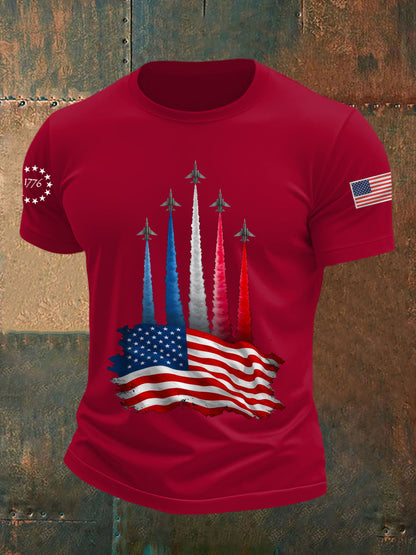 Men's Independence Day American Flag Jet Planes Print Casual Tee