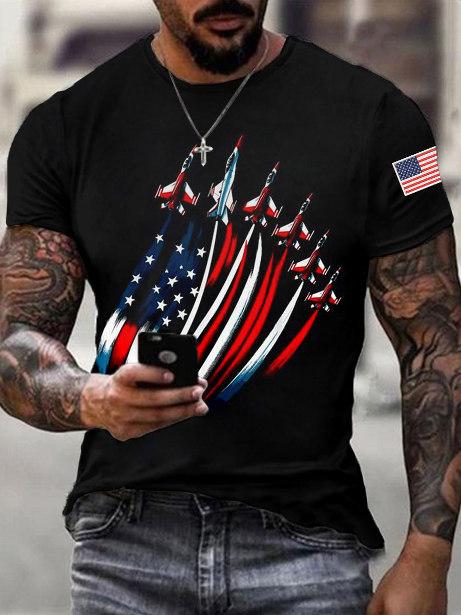 Men's Independence Day USA Flag Fighter Jets Print Casual Tee