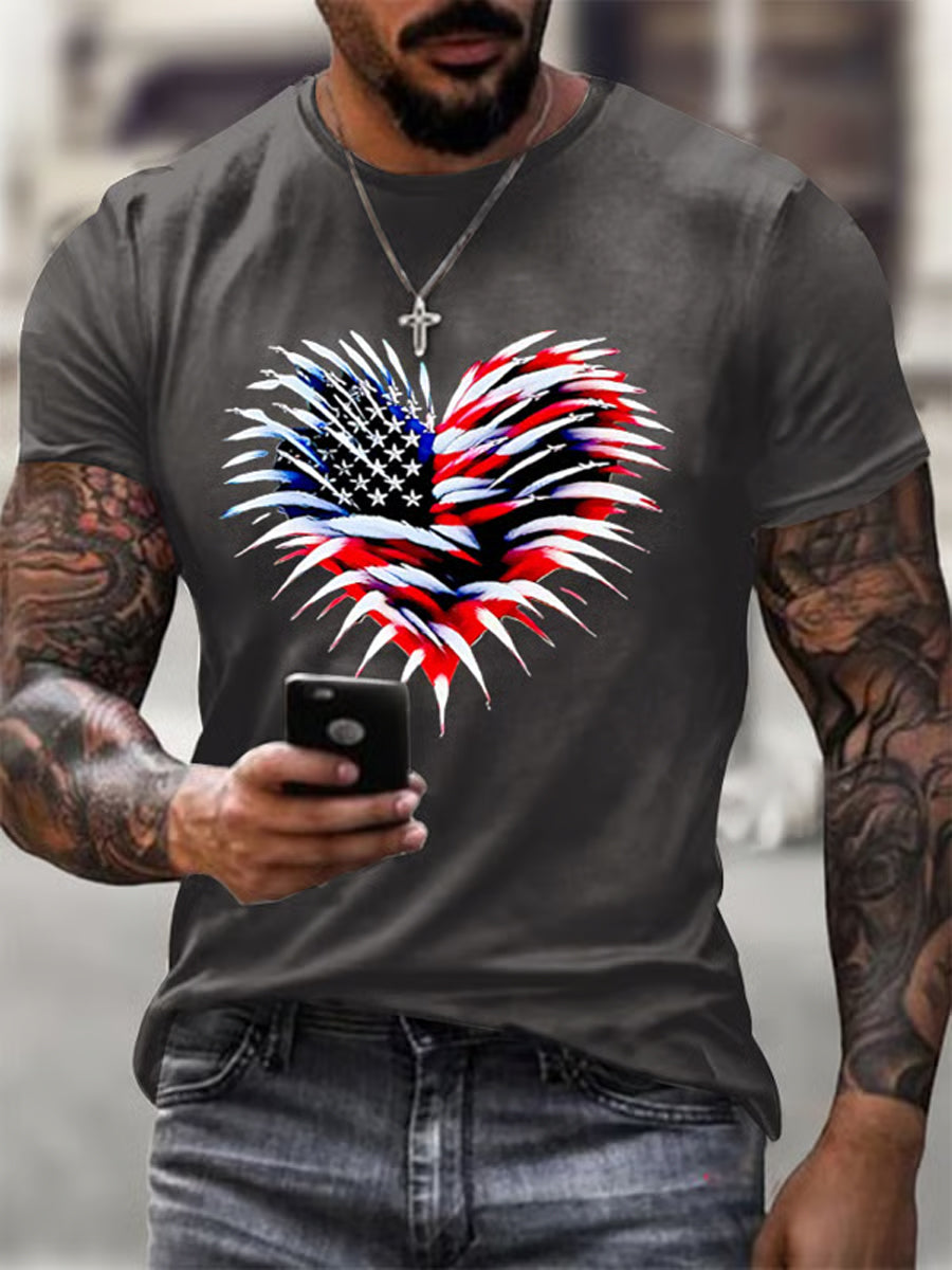 Men's Independence Day American Flag Heart Fireworks Casual Tee