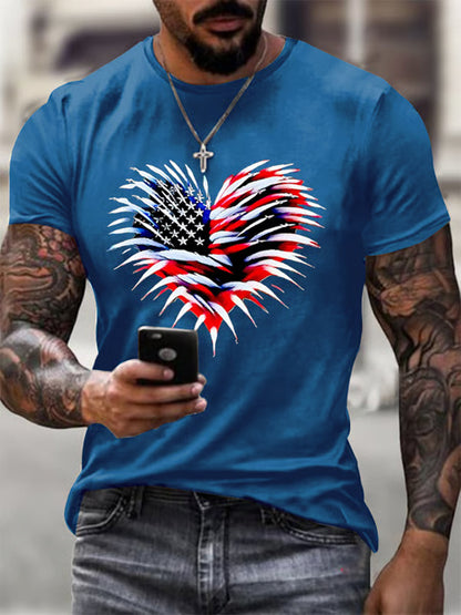 Men's Independence Day American Flag Heart Fireworks Casual Tee