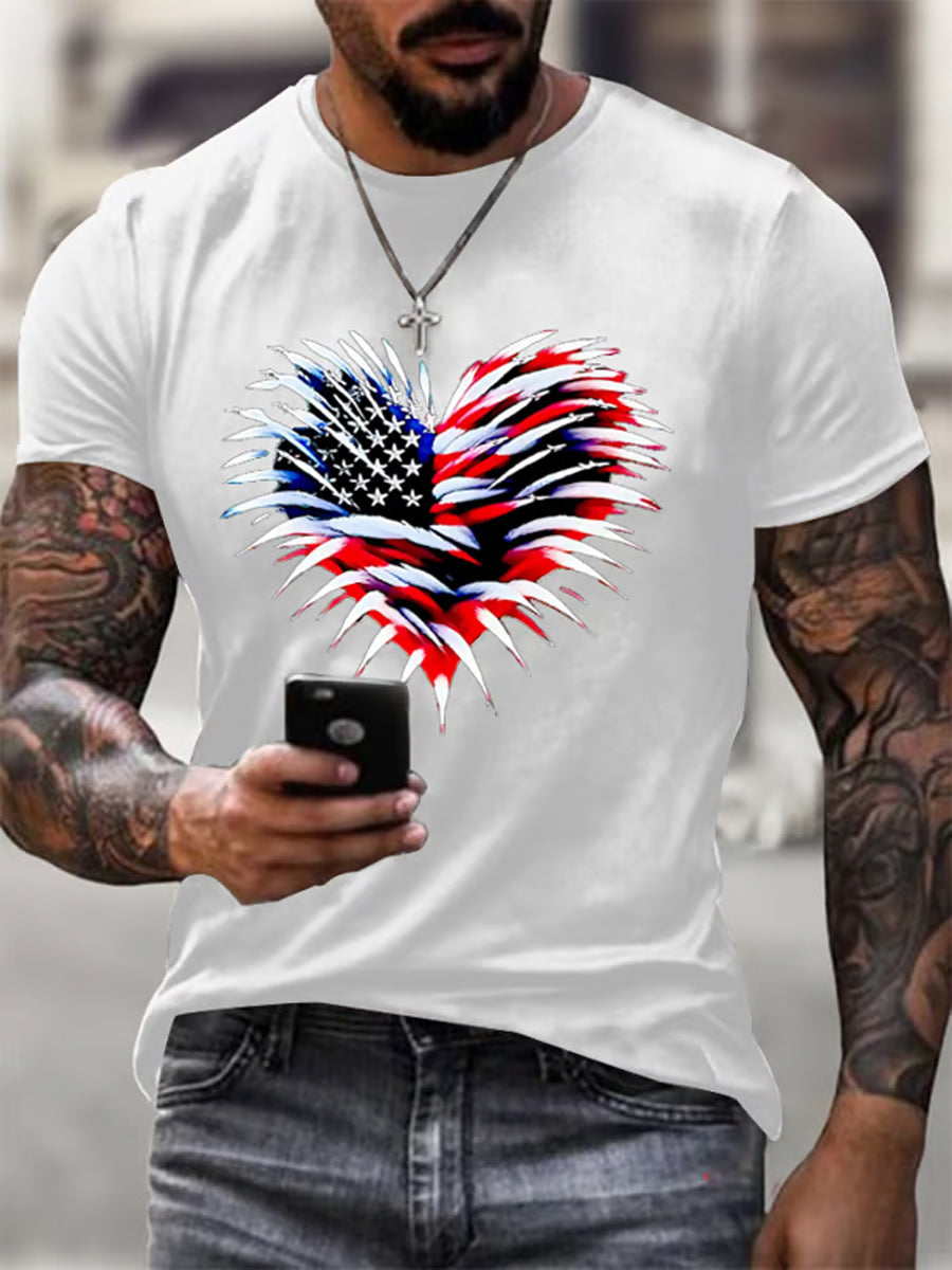 Men's Independence Day American Flag Heart Fireworks Casual Tee