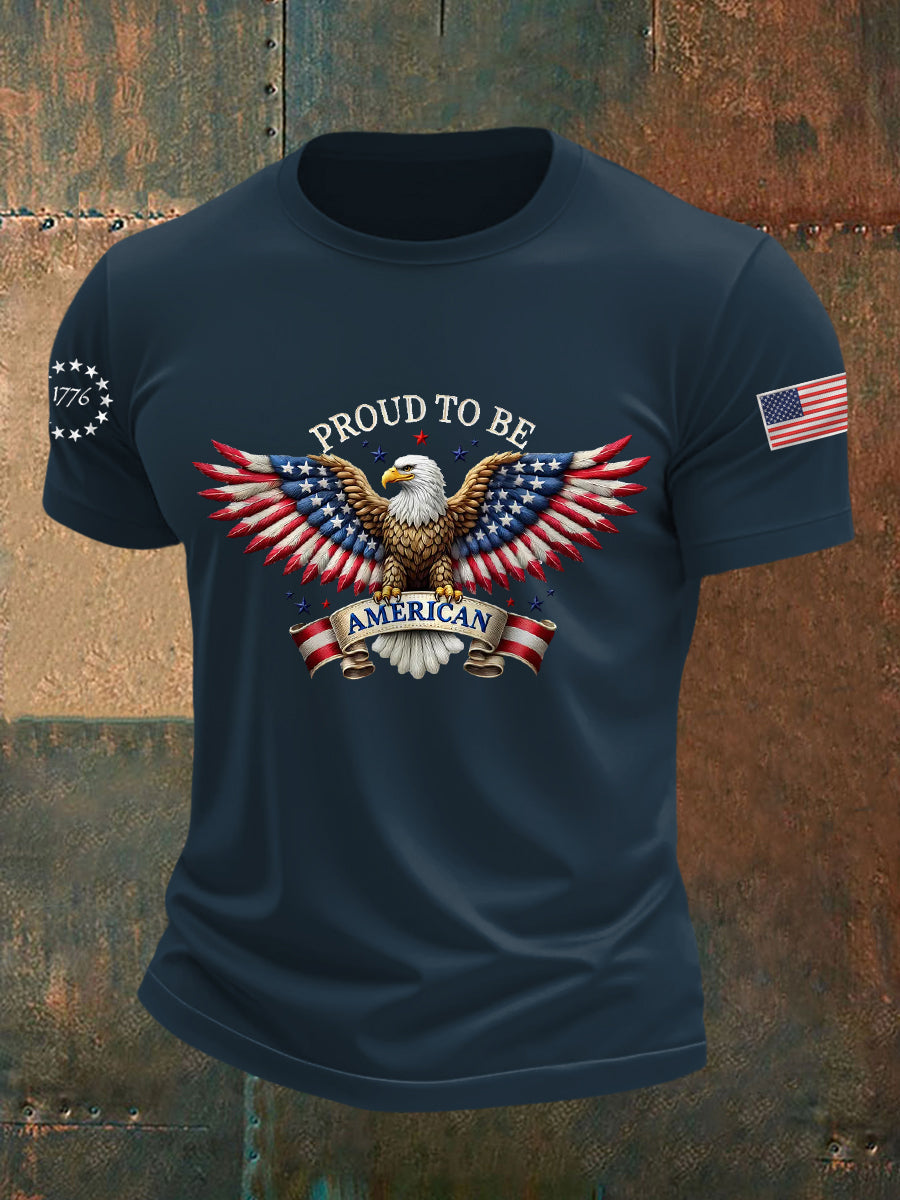Men's Proud to Be American Bald Eagle American Flag Print  Independence Day Casual Tee