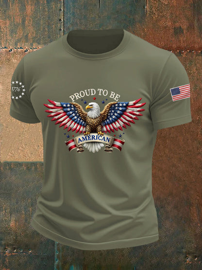 Men's Proud to Be American Bald Eagle American Flag Print  Independence Day Casual Tee