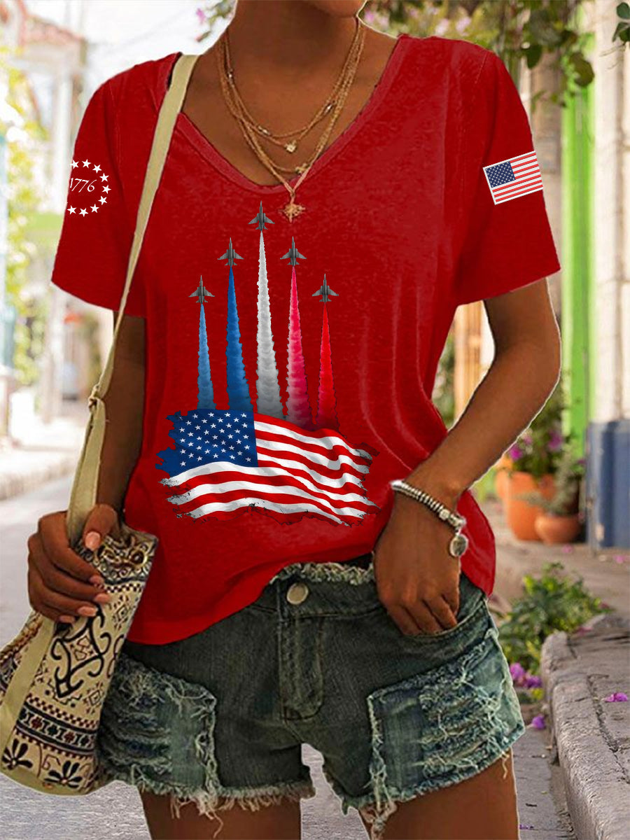 Women's Independence Day American Flag Jet Planes Print Casual V-Neck Tee