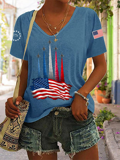 Women's Independence Day American Flag Jet Planes Print Casual V-Neck Tee