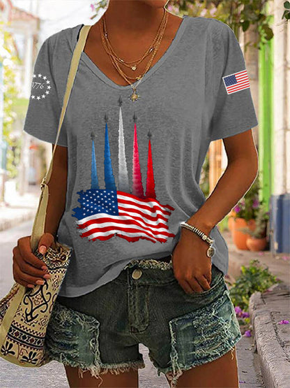 Women's Independence Day American Flag Jet Planes Print Casual V-Neck Tee