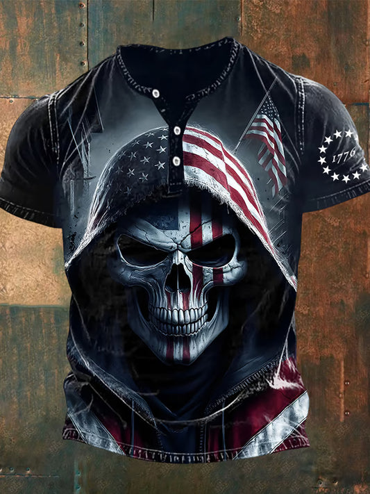 Men's American Flag Skull Print Casual Buttons Tee