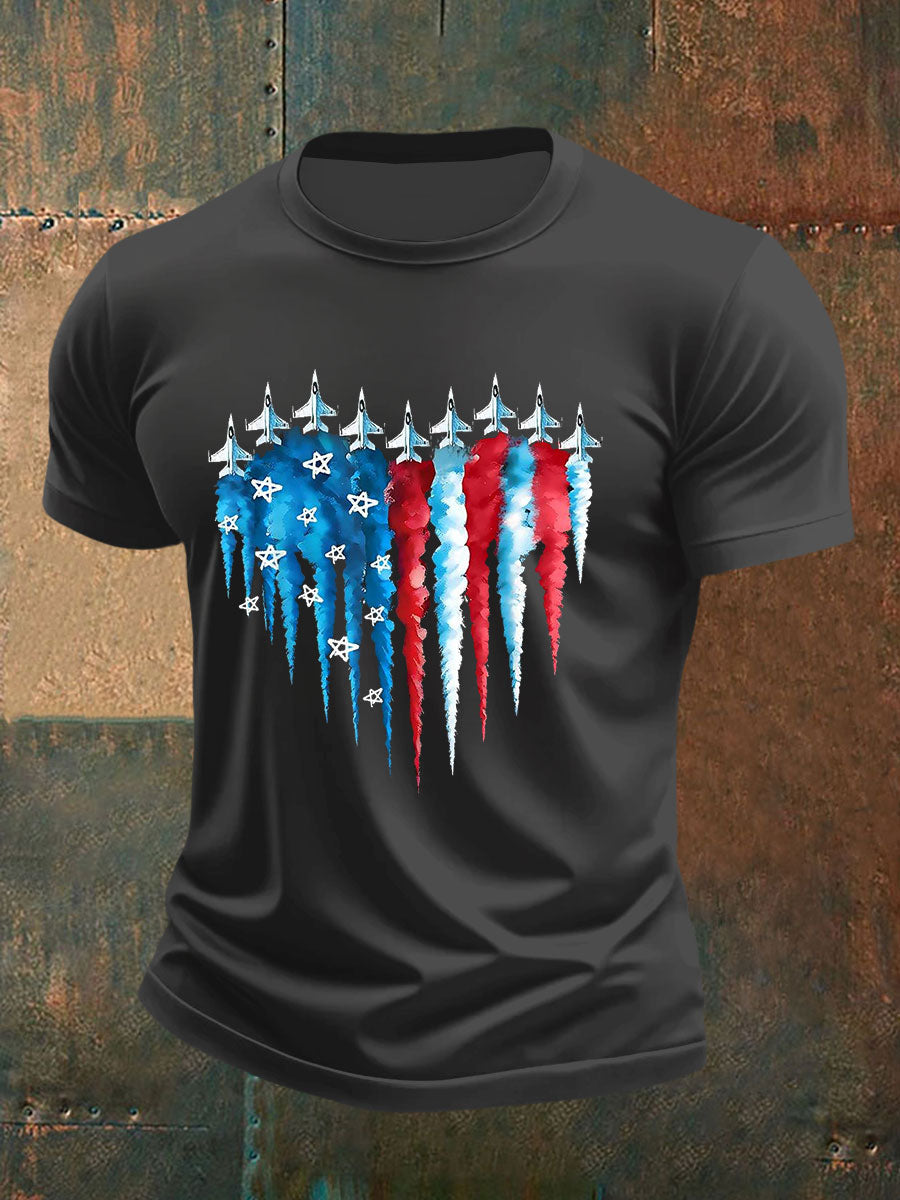 Men's Independence Day American Flag Jet Planes Print Casual Tee