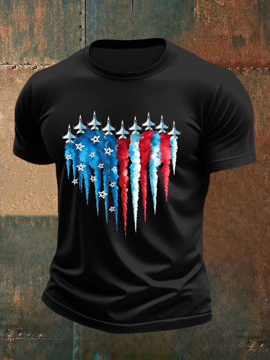 Men's Independence Day American Flag Jet Planes Print Casual Tee