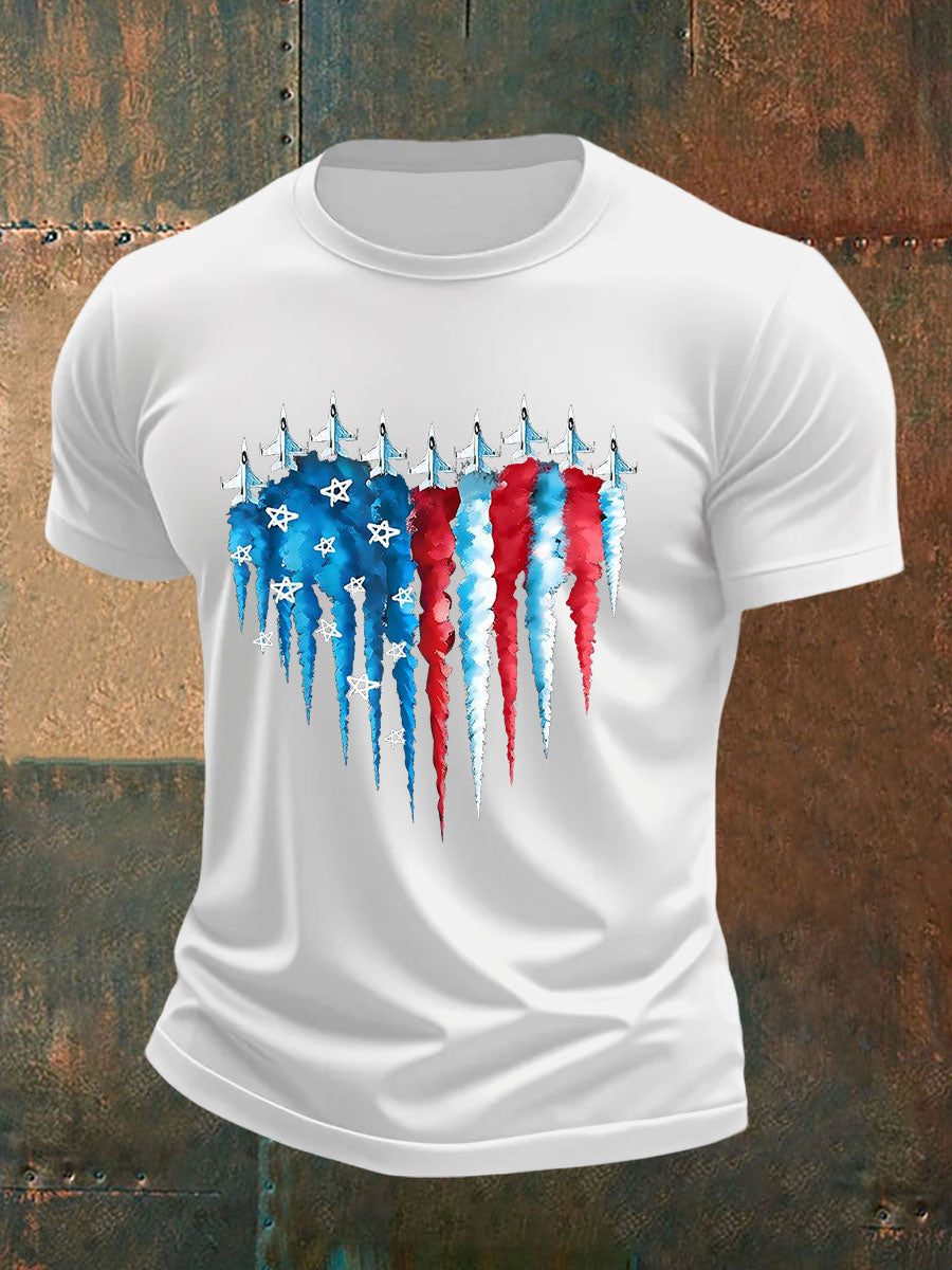 Men's Independence Day American Flag Jet Planes Print Casual Tee