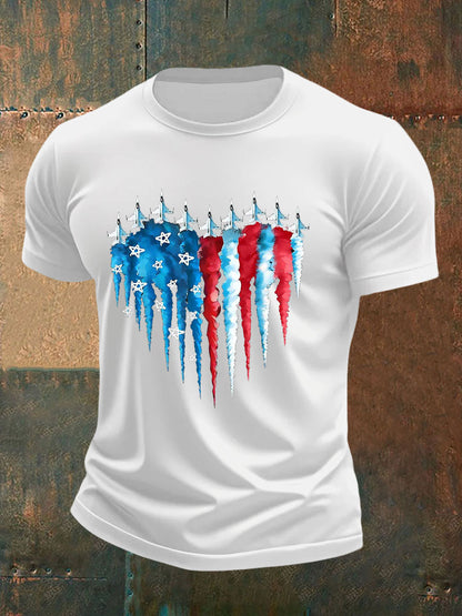 Men's Independence Day American Flag Jet Planes Print Casual Tee