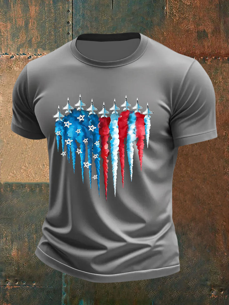 Men's Independence Day American Flag Jet Planes Print Casual Tee