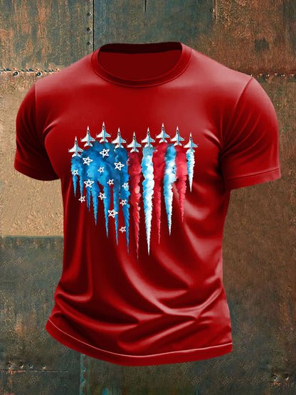 Men's Independence Day American Flag Jet Planes Print Casual Tee