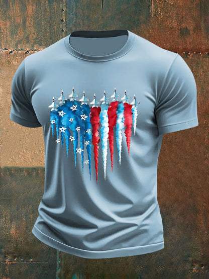 Men's Independence Day American Flag Jet Planes Print Casual Tee
