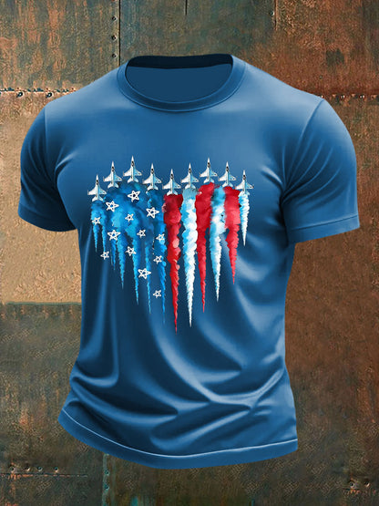 Men's Independence Day American Flag Jet Planes Print Casual Tee