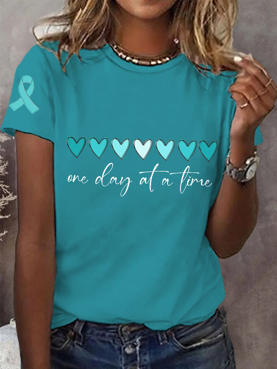Women's One Day At A Time Teal Ribbon Ovarian Cervical Awareness Support Tee