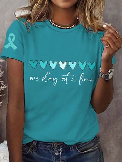Women's One Day At A Time Teal Ribbon Ovarian Cervical Awareness Support Tee