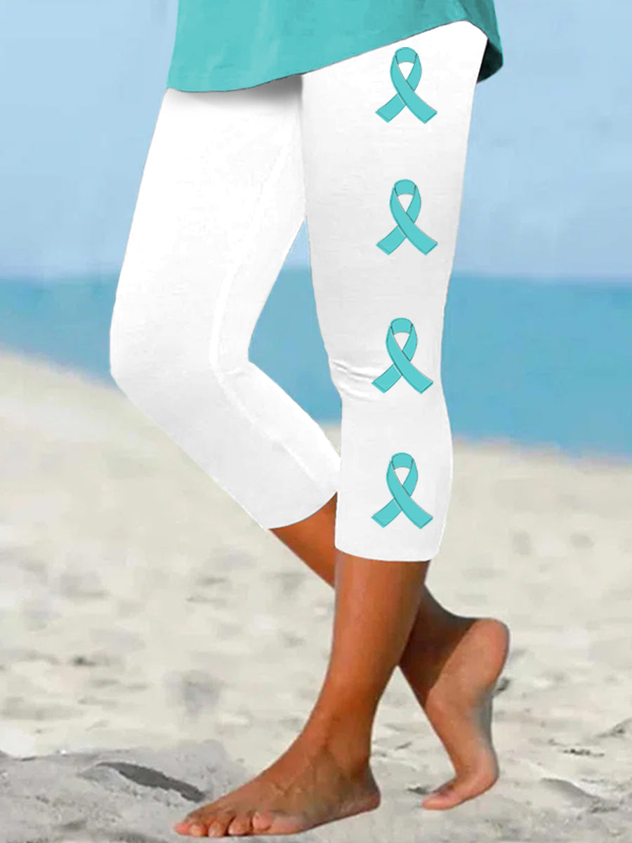 Women's Teal Ribbon Ovarian Cancer Awareness Support Cropped Leggings
