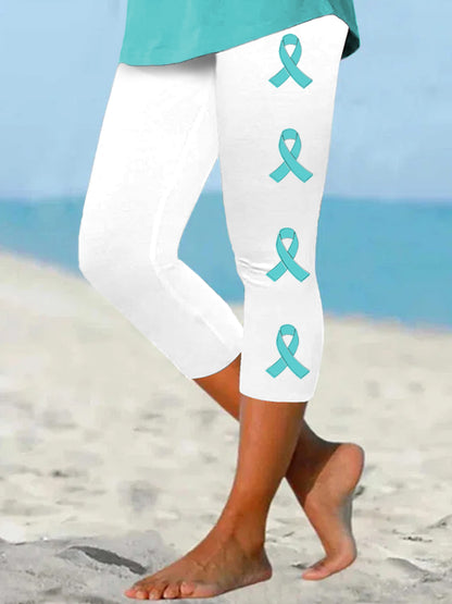 Women's Teal Ribbon Ovarian Cancer Awareness Support Cropped Leggings