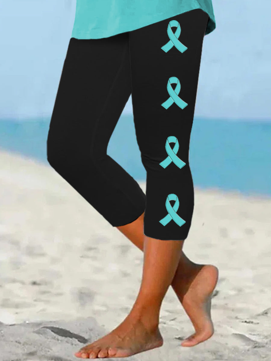 Women's Teal Ribbon Ovarian Cancer Awareness Support Cropped Leggings