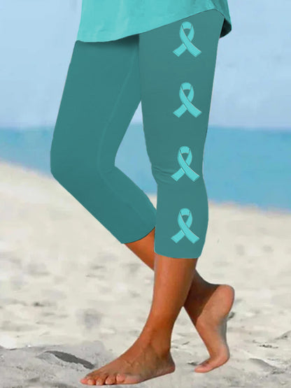 Women's Teal Ribbon Ovarian Cancer Awareness Support Cropped Leggings