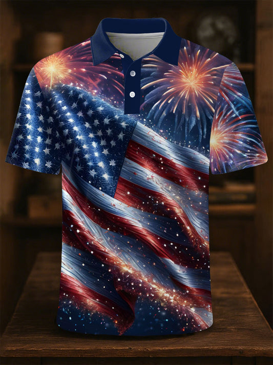 Men's Independence Day Fireworks Print Casual Button-Down Top