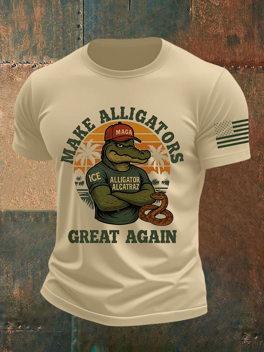 Men's Retro Alligator Alcatraz Funny Florida Everglades Dark Humor Short Sleeve Tee