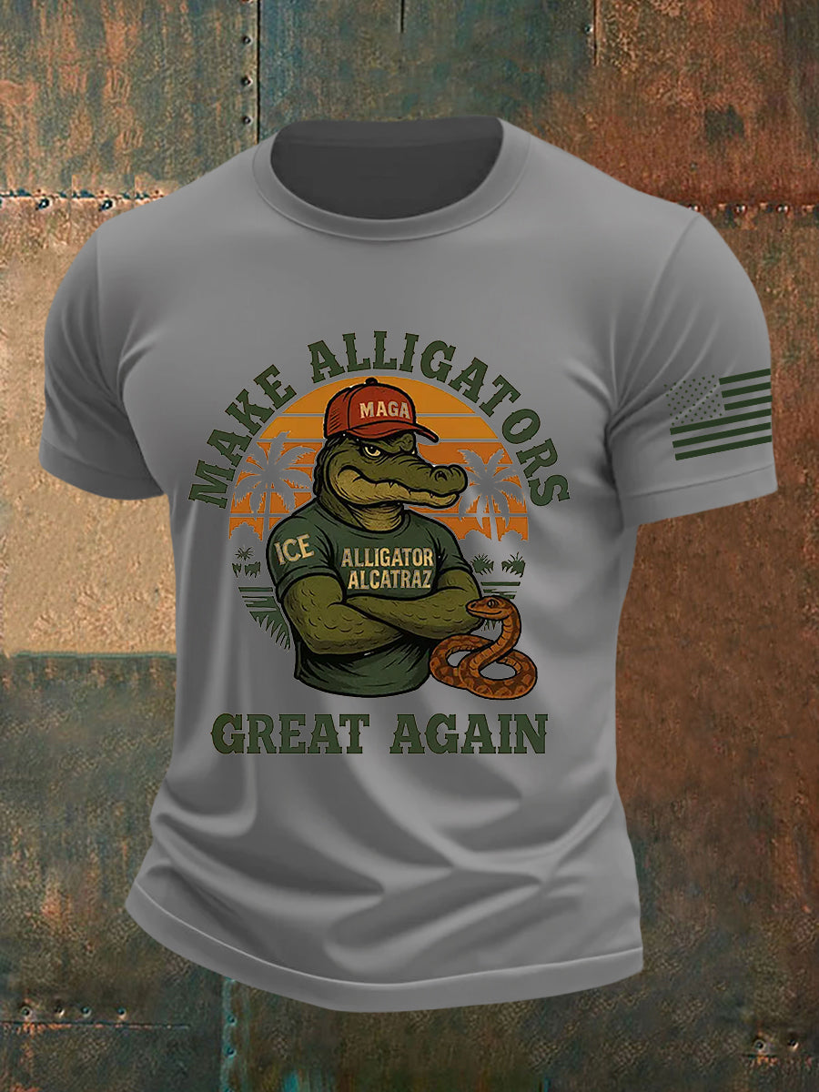 Men's Retro Alligator Alcatraz Funny Florida Everglades Dark Humor Short Sleeve Tee