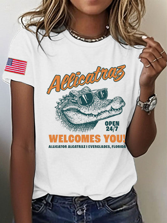 Women's Alligator Alcatraz Funny Florida Everglades Dark Humor Printed T-shirt