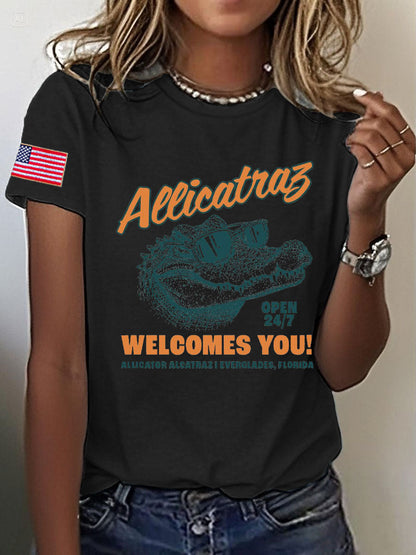 Women's Alligator Alcatraz Funny Florida Everglades Dark Humor Printed T-shirt