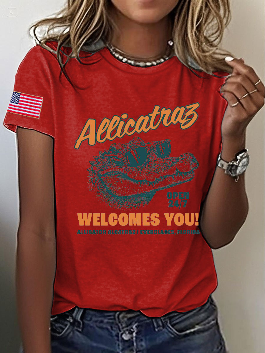 Women's Alligator Alcatraz Funny Florida Everglades Dark Humor Printed T-shirt