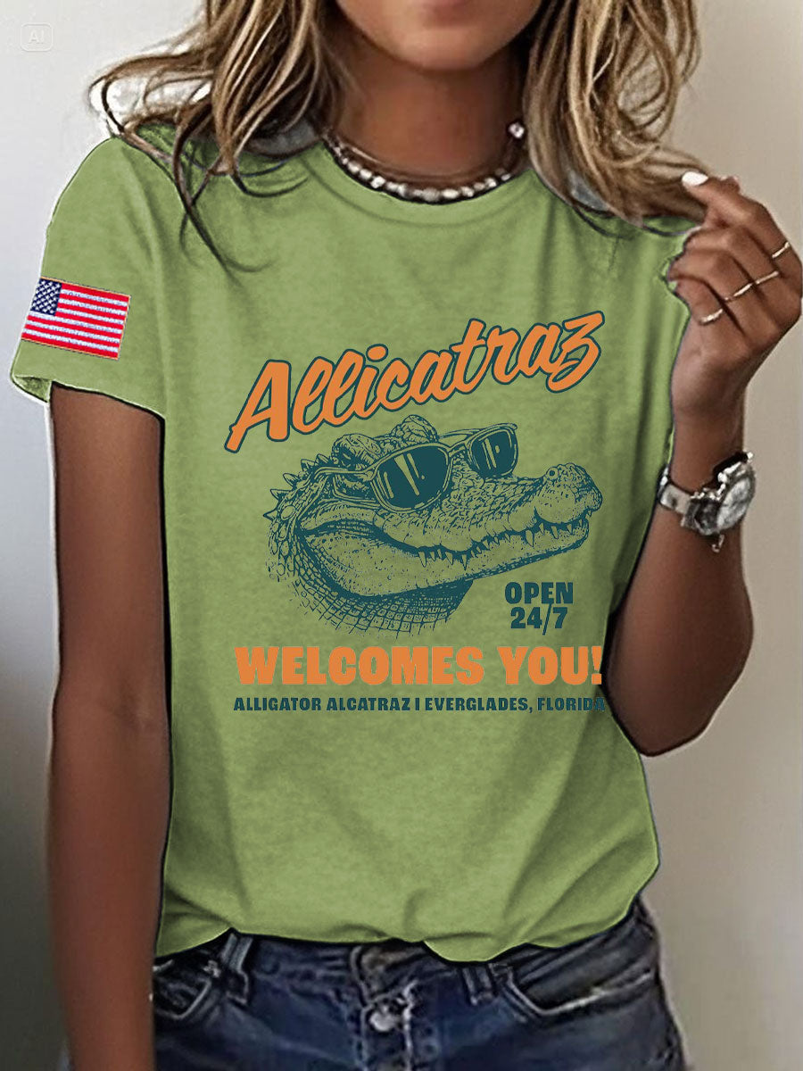 Women's Alligator Alcatraz Funny Florida Everglades Dark Humor Printed T-shirt
