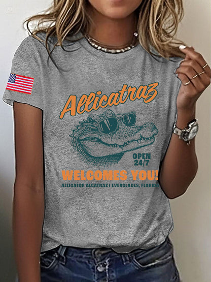 Women's Alligator Alcatraz Funny Florida Everglades Dark Humor Printed T-shirt