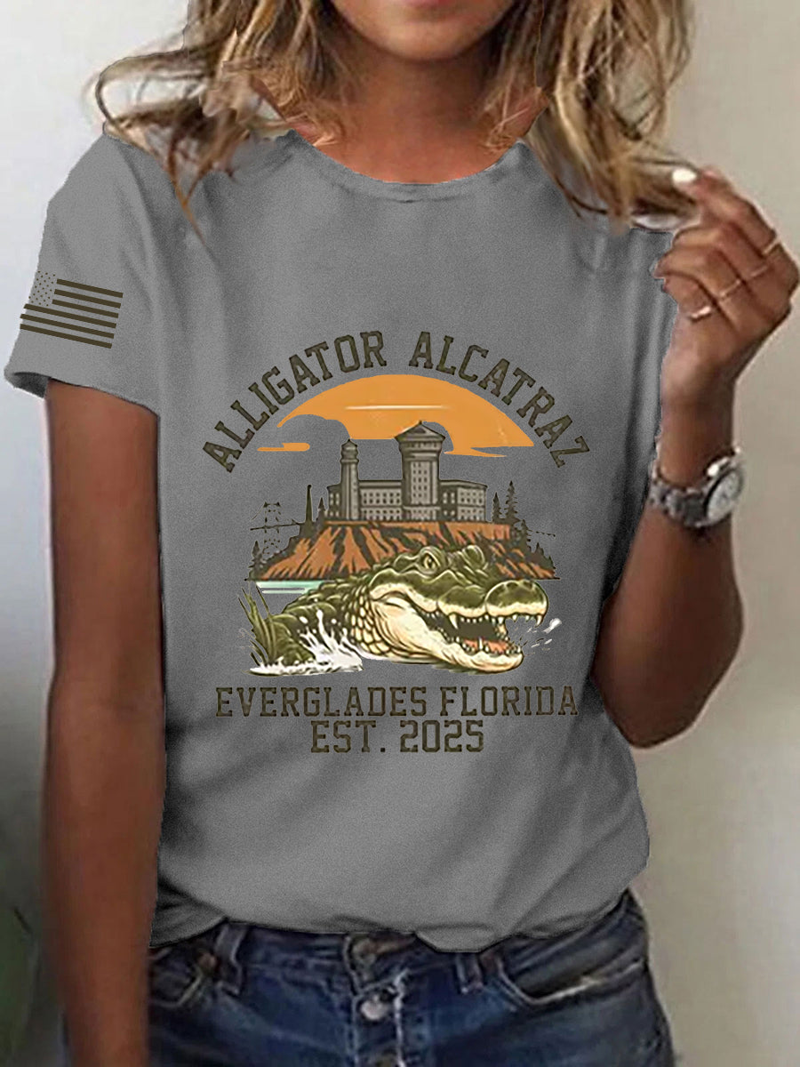Women's Retro Alligator Alcatraz Funny Florida Everglades Dark Humor Short Sleeve Tee