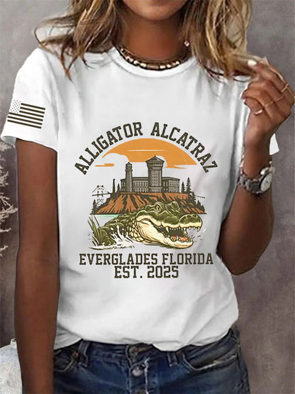 Women's Retro Alligator Alcatraz Funny Florida Everglades Dark Humor Short Sleeve Tee