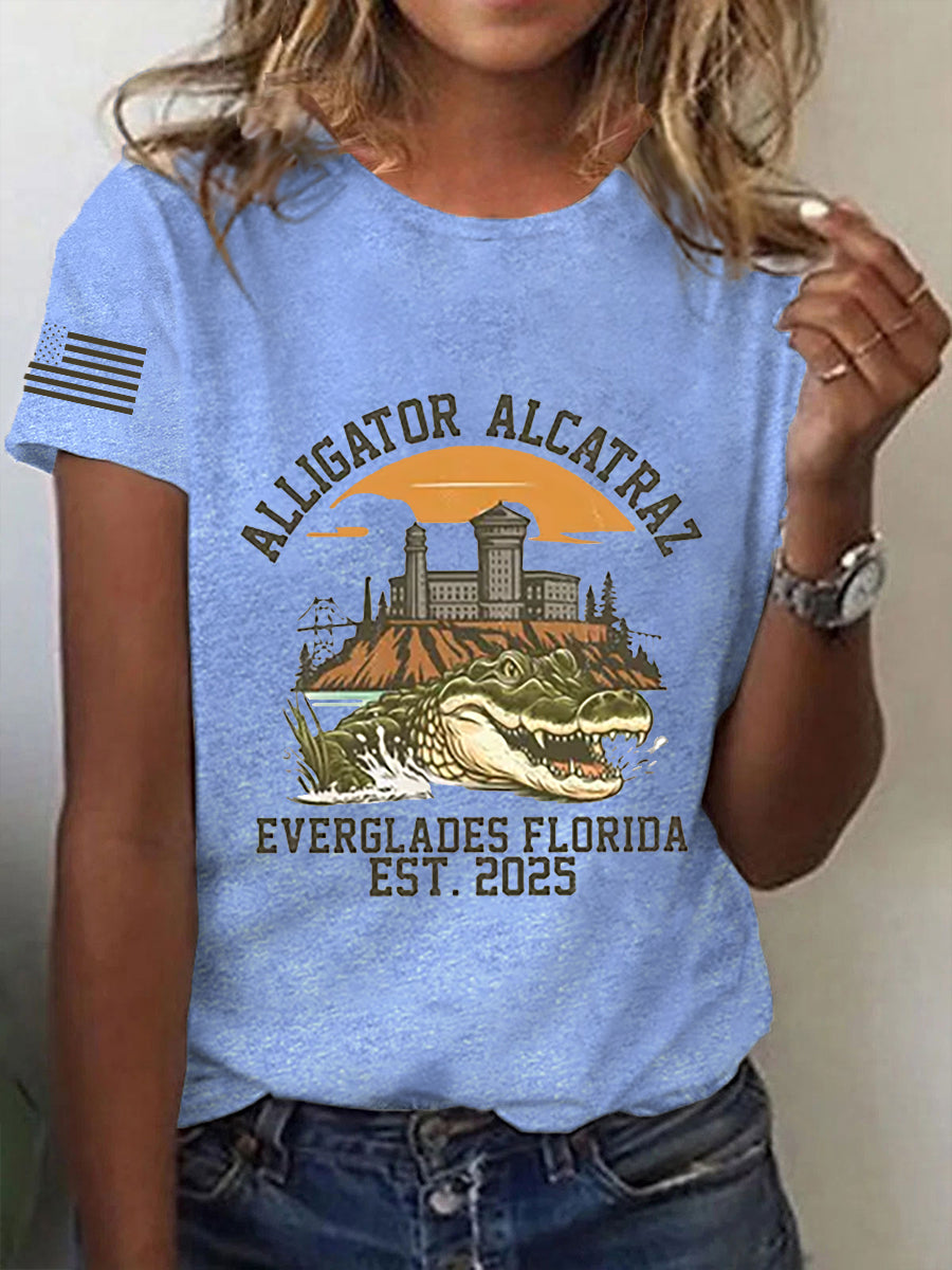 Women's Retro Alligator Alcatraz Funny Florida Everglades Dark Humor Short Sleeve Tee
