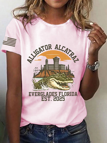 Women's Retro Alligator Alcatraz Funny Florida Everglades Dark Humor Short Sleeve Tee