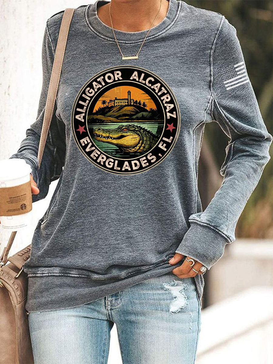 Women's Retro Alligator Alcatraz Funny Florida Everglades Dark Humor Sweatshirt