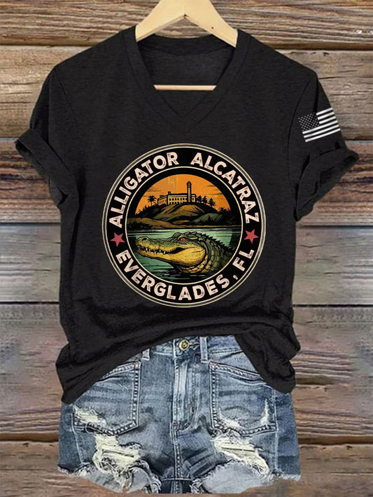 Women's Retro Alligator Alcatraz Funny Florida Everglades Dark Humor V-Neck Tee