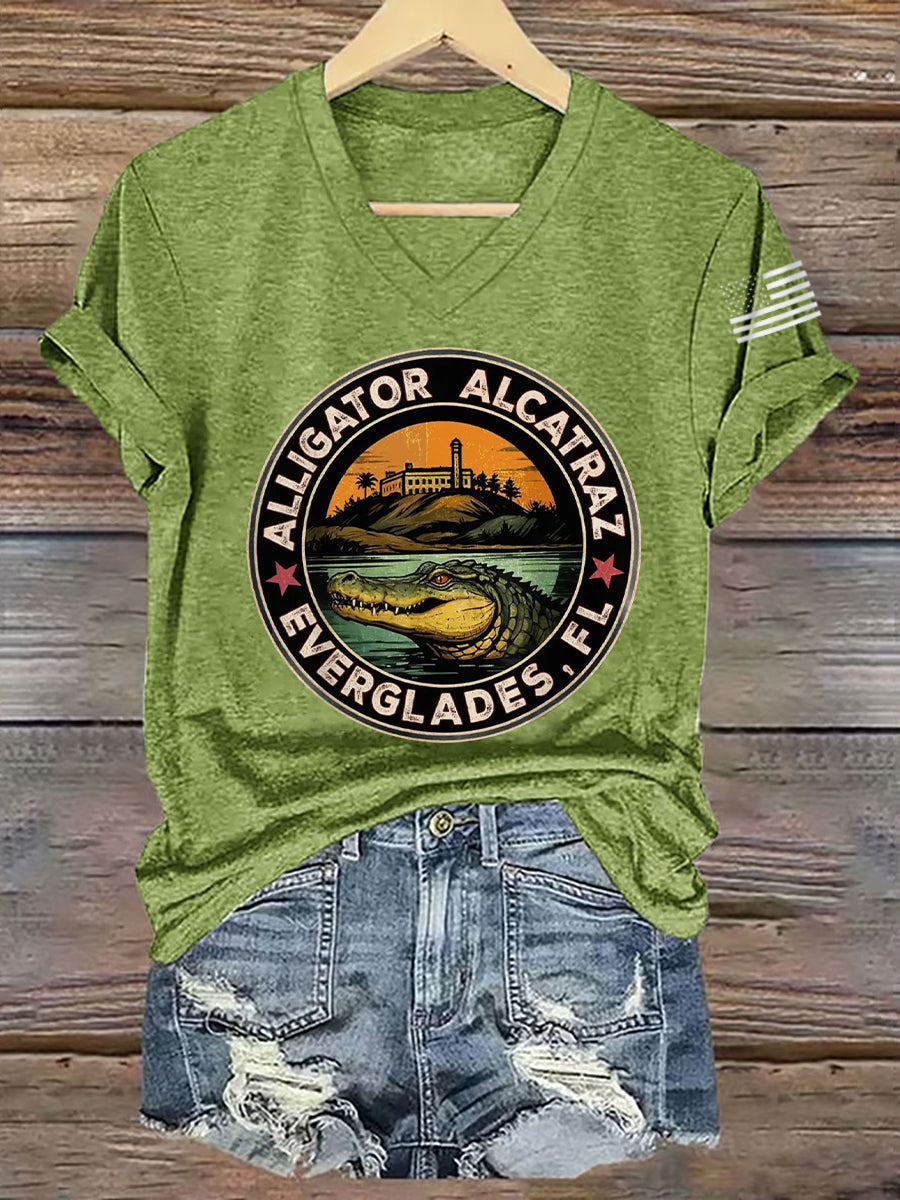 Women's Retro Alligator Alcatraz Funny Florida Everglades Dark Humor V-Neck Tee