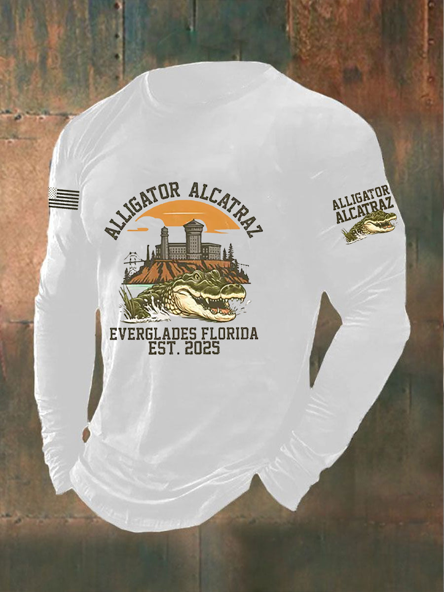 Men's Retro Alligator Alcatraz Funny Florida Everglades Dark Humor Long Sleeve T-shirt