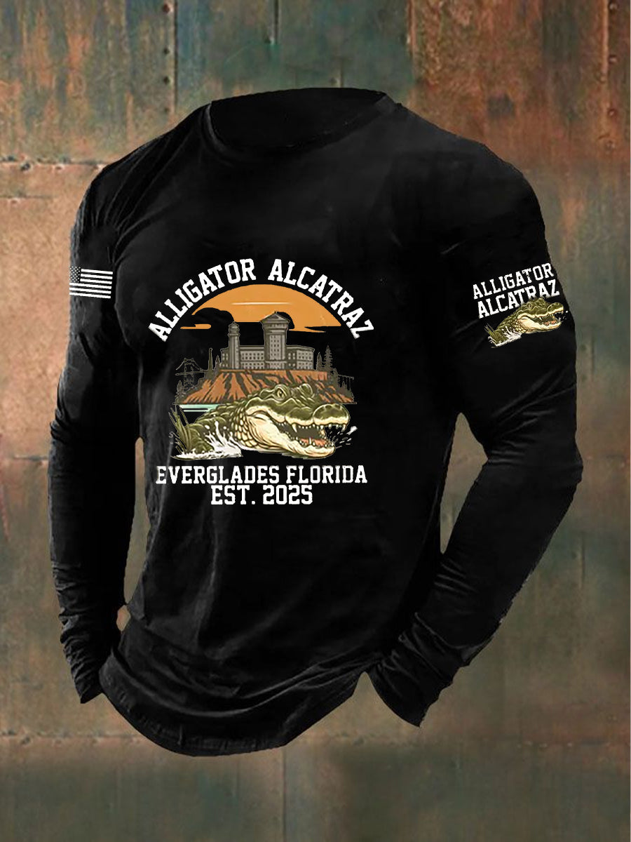 Men's Retro Alligator Alcatraz Funny Florida Everglades Dark Humor Long Sleeve T-shirt