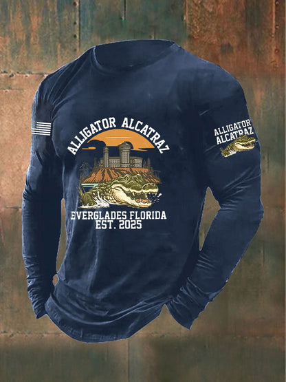 Men's Retro Alligator Alcatraz Funny Florida Everglades Dark Humor Long Sleeve T-shirt